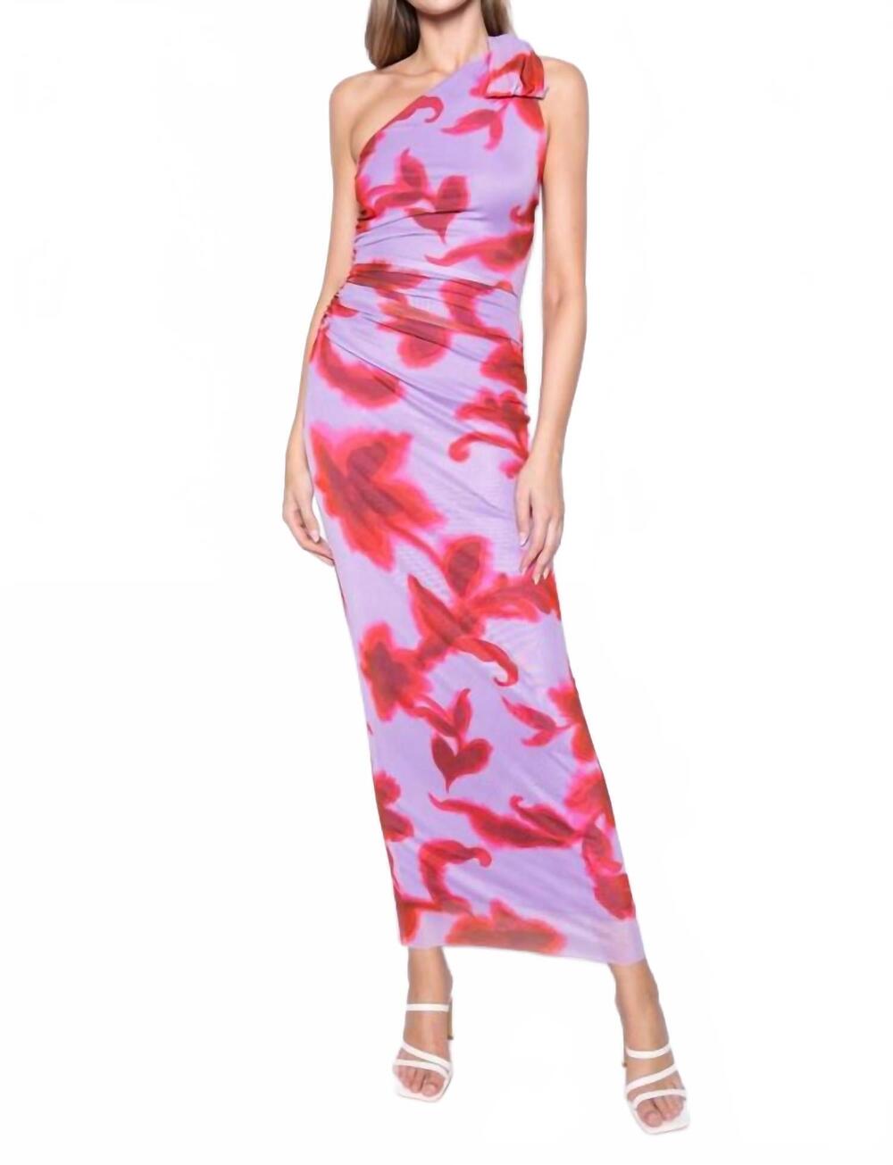 NEW FORE COLLECTION one shoulder scarf maxi dress in purple multi